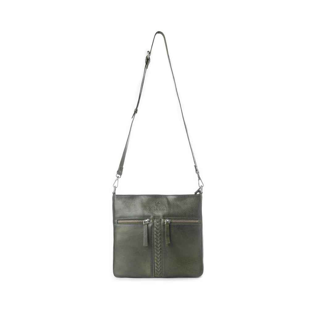 Myra Zidana El Paso Twin Veg Tanned Leather Crossbody Bag in Olive Grove