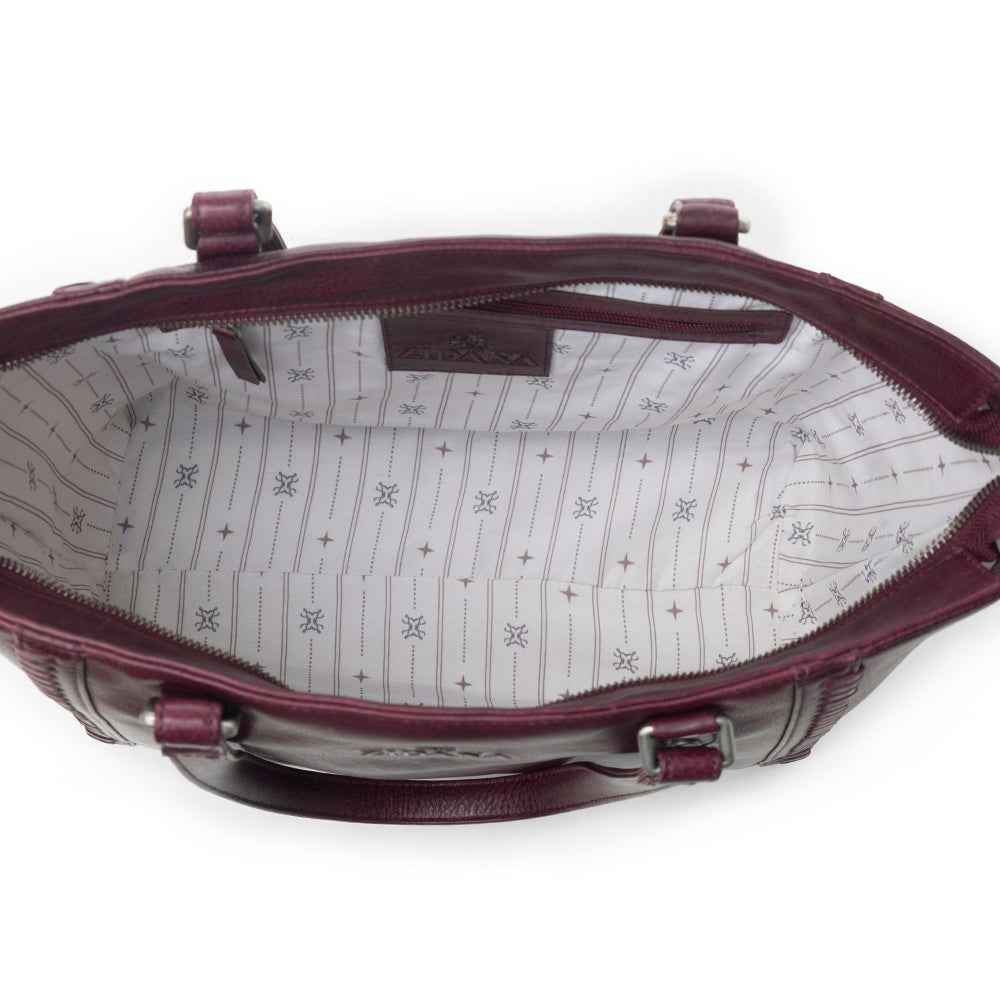 Myra Zidana Arista Bloom Veg Tanned Leather Handbag in Noire Berry