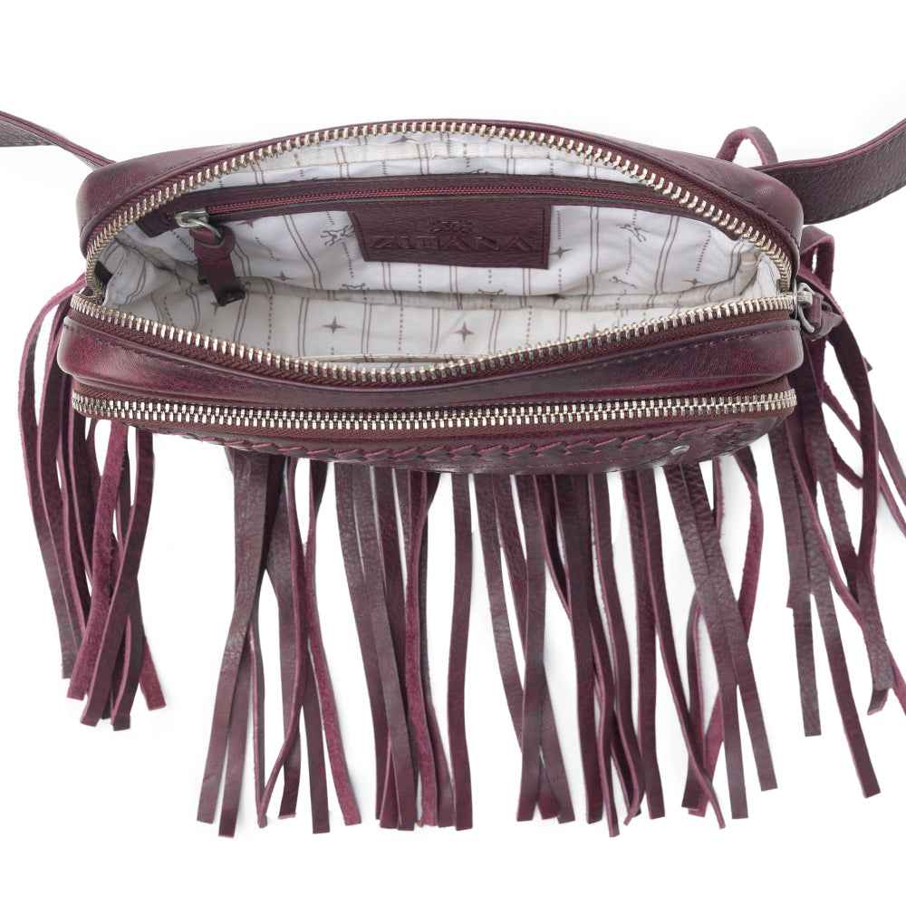 Myra Zidana Stormy Trails Fringed Veg Tanned Leather Bag in Raven Dusk
