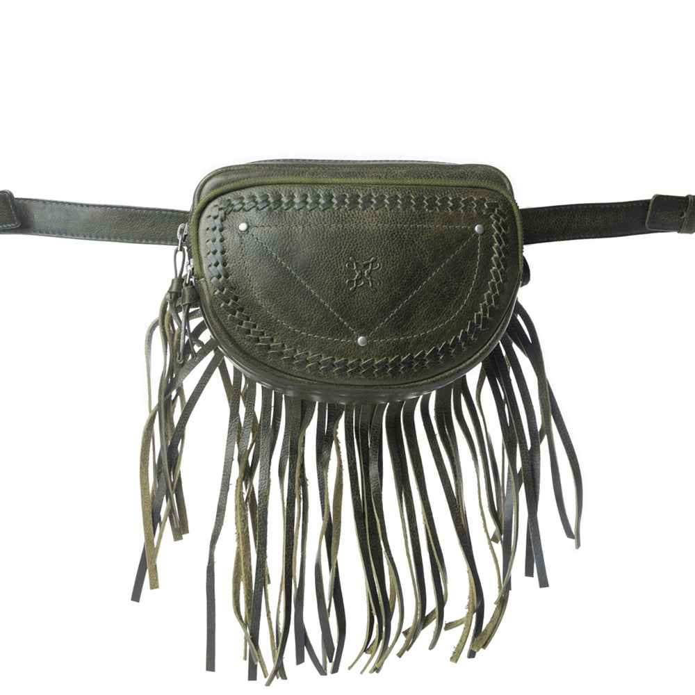 Myra Zidana Stormy Trails Fringed Veg Tanned Leather Bag in Dusty Pine