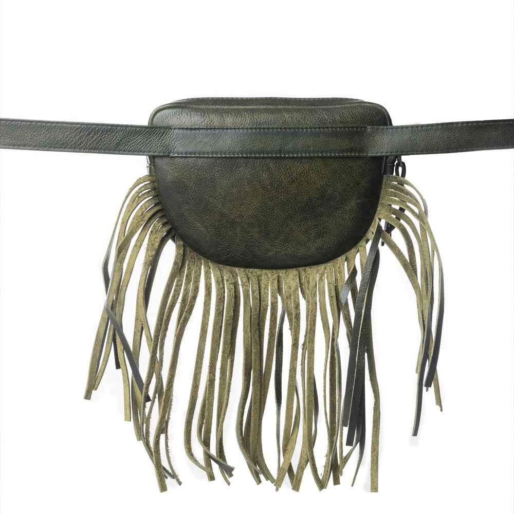 Myra Zidana Stormy Trails Fringed Veg Tanned Leather Bag in Dusty Pine