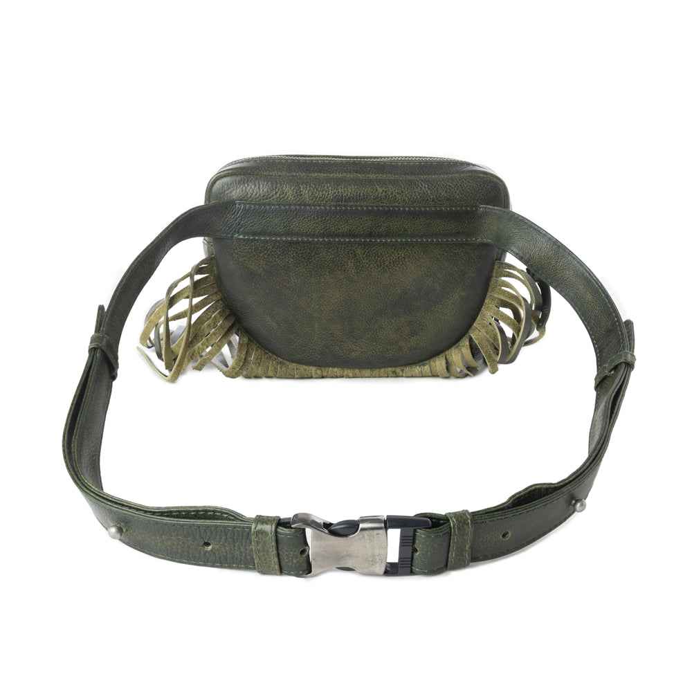 Myra Zidana Stormy Trails Fringed Veg Tanned Leather Bag in Dusty Pine