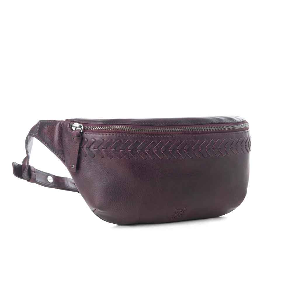 Myra Zidana Amarillo Handstitched Veg Tanned Leather Fanny Pack in Wildrose Plum