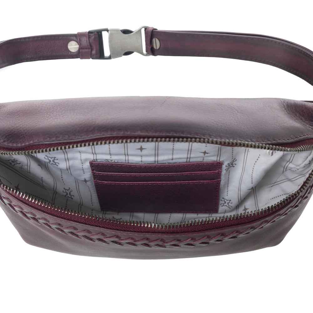 Myra Zidana Amarillo Handstitched Veg Tanned Leather Fanny Pack in Wildrose Plum