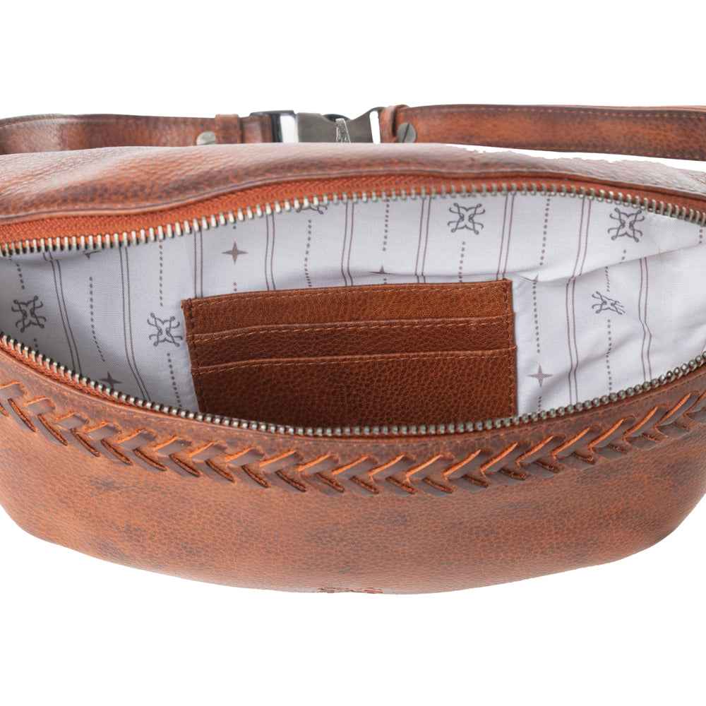 Myra Zidana Amarillo Handstitched Veg Tanned Leather Fanny Pack in Crimson Storm