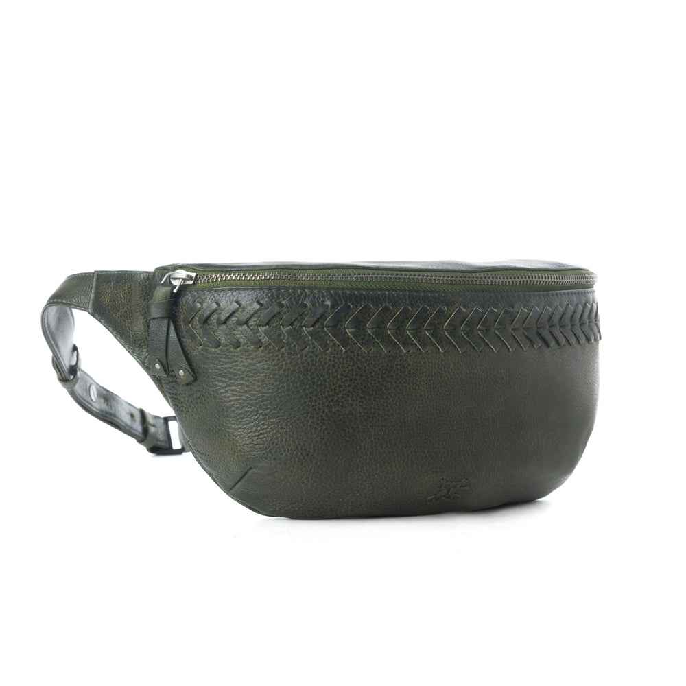 Myra Zidana Amarillo Handstitched Veg Tanned Leather Fanny Pack in Saddle Moss