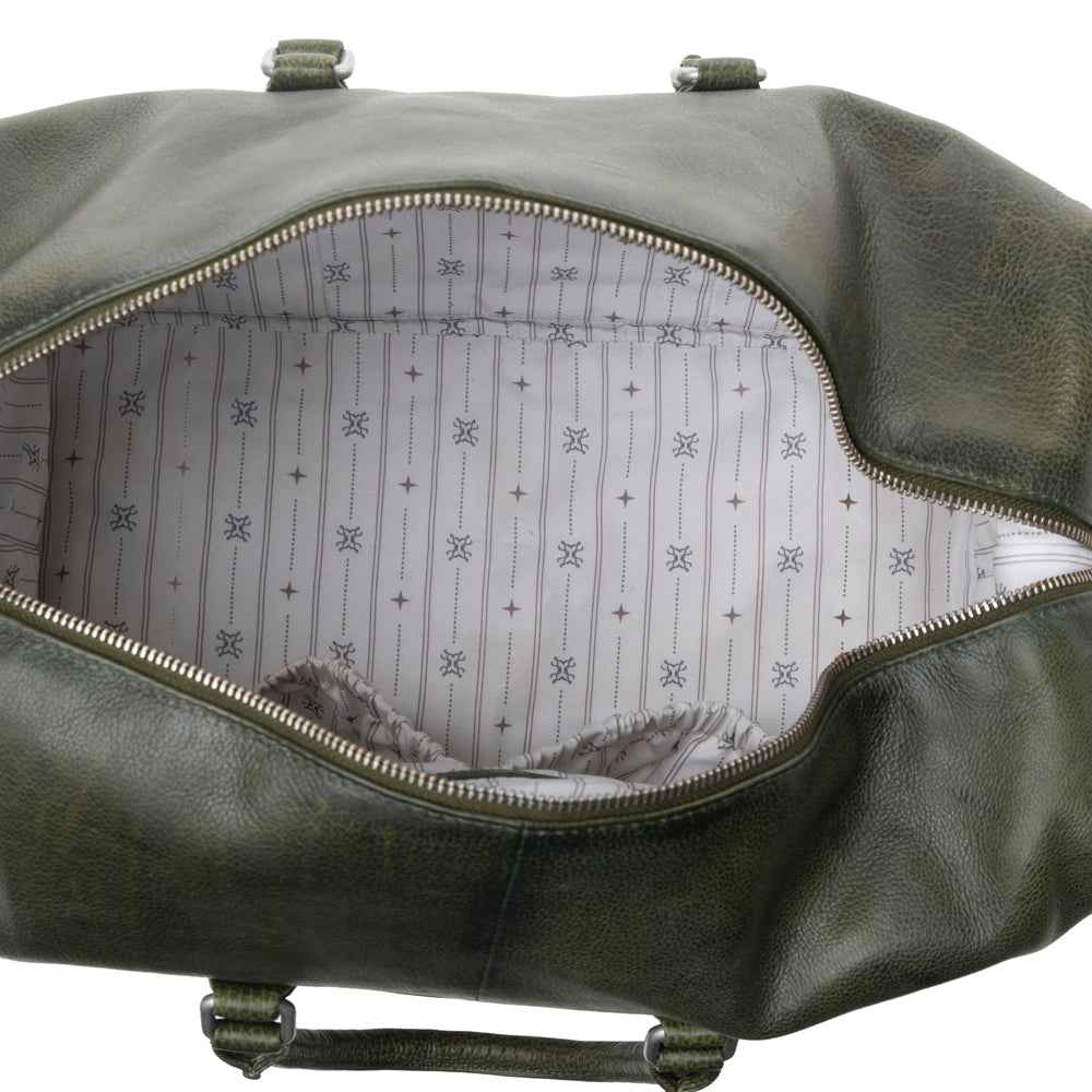 Myra Zidana Sundown Plains Veg Tanned Leather Traveller Bag in Sage Green
