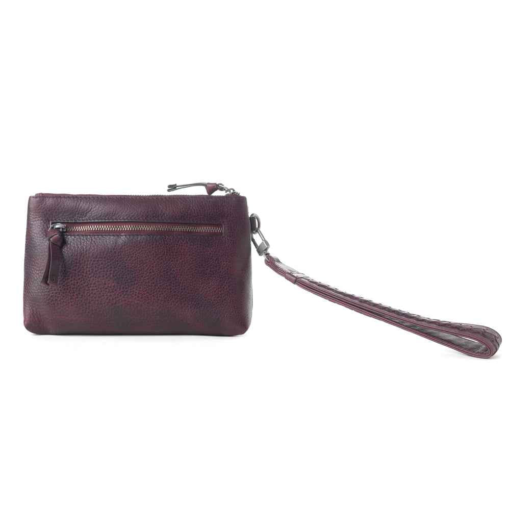 Myra Zidana Ethel Mini Veg Tanned Leather Wristlet in Rosa Maroon