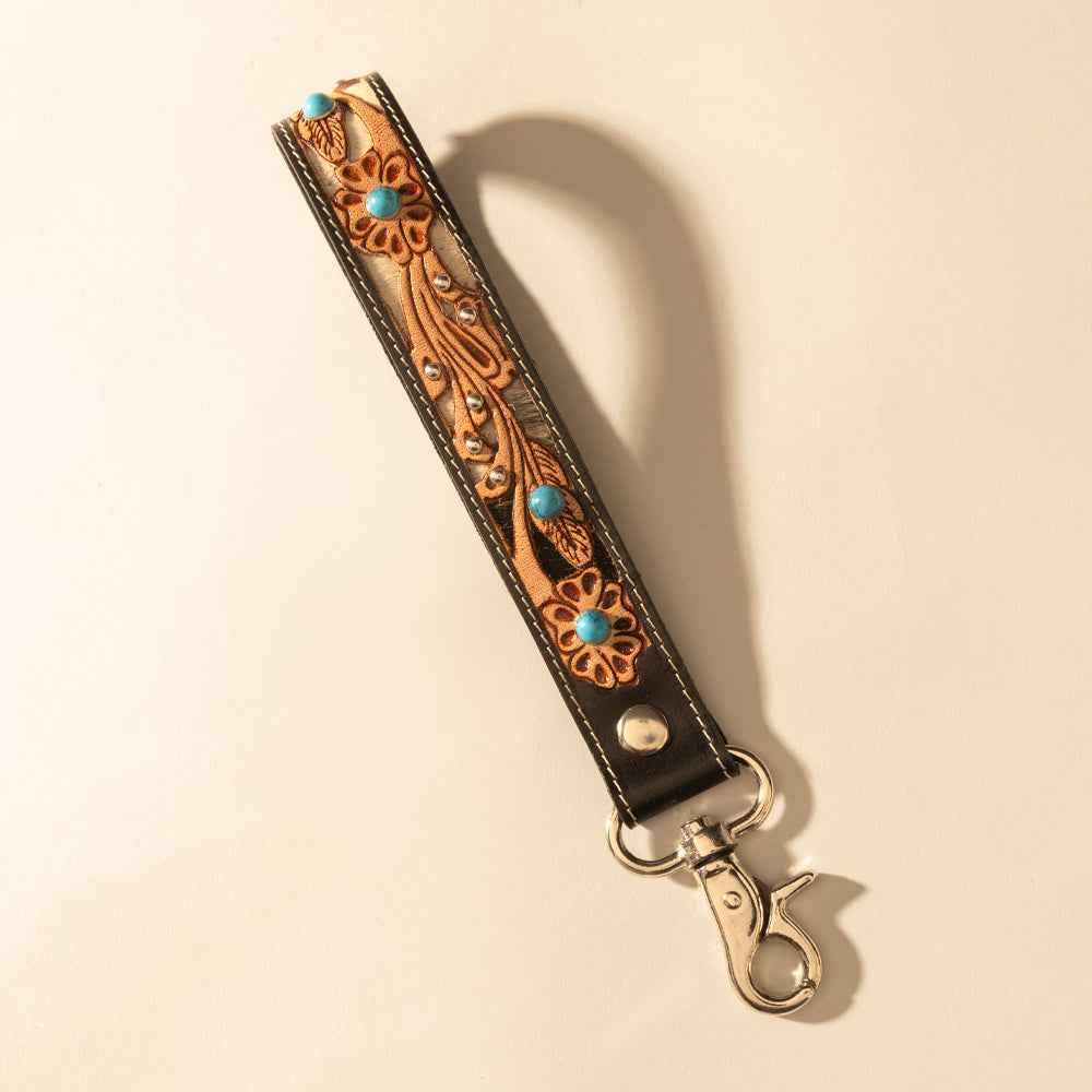 Myra River Glen Handtooled Hairon Leather Key Fob in Espresso Turquoise