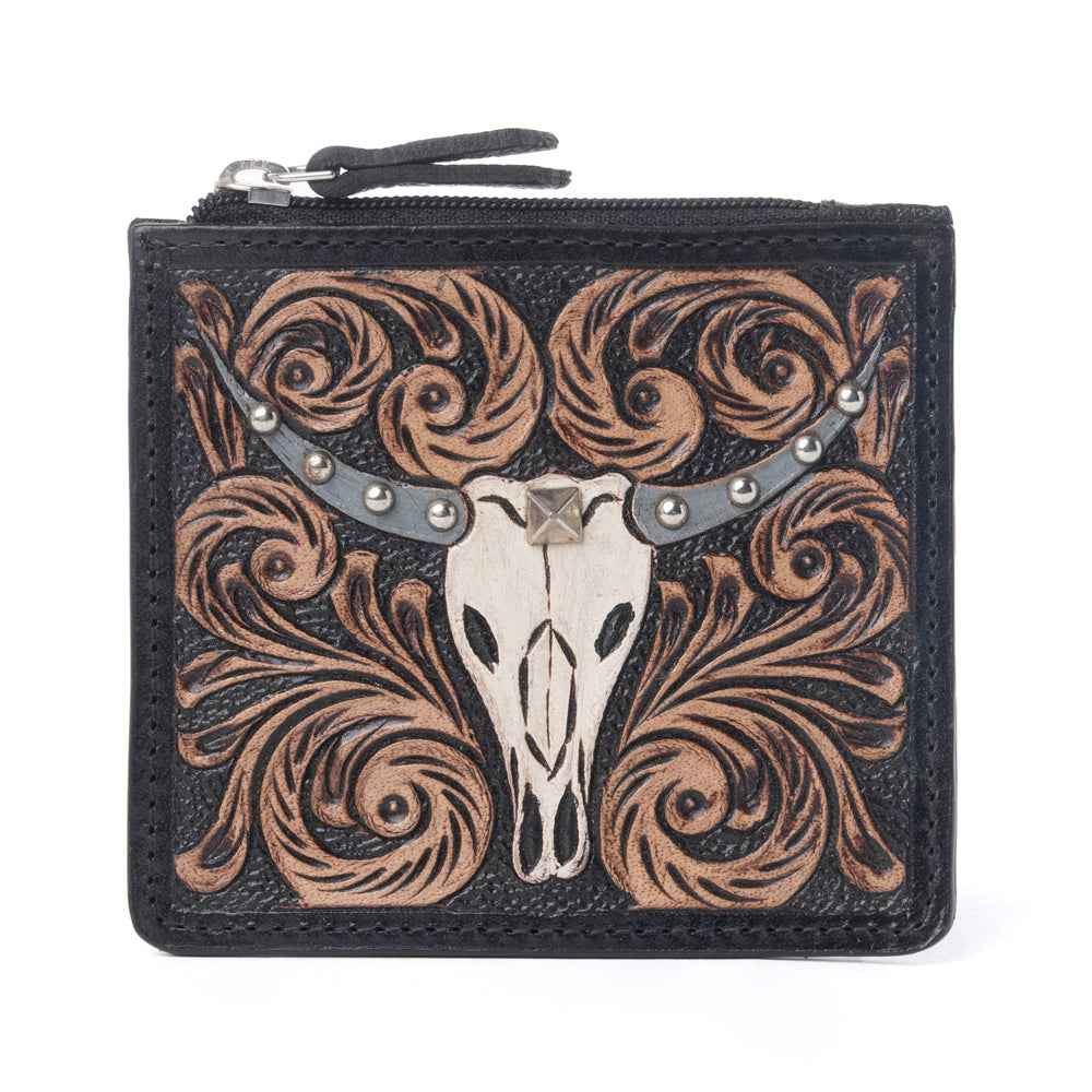 Myra Briar Creek Handtooled Leather Credit Card Holder in Ebony Caramel