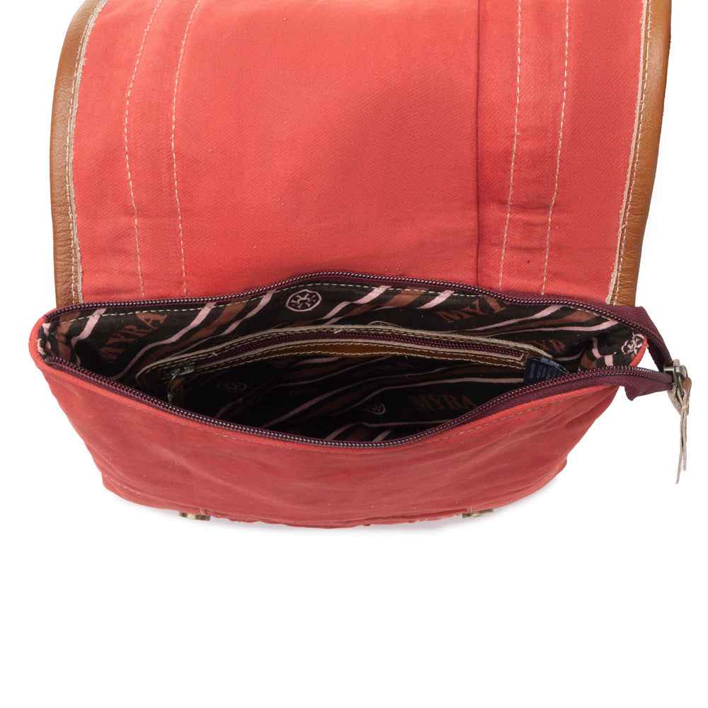 Myra Dustrider upcycled canvas vintage style Concealed-Carry bag for Women in red with leather detail