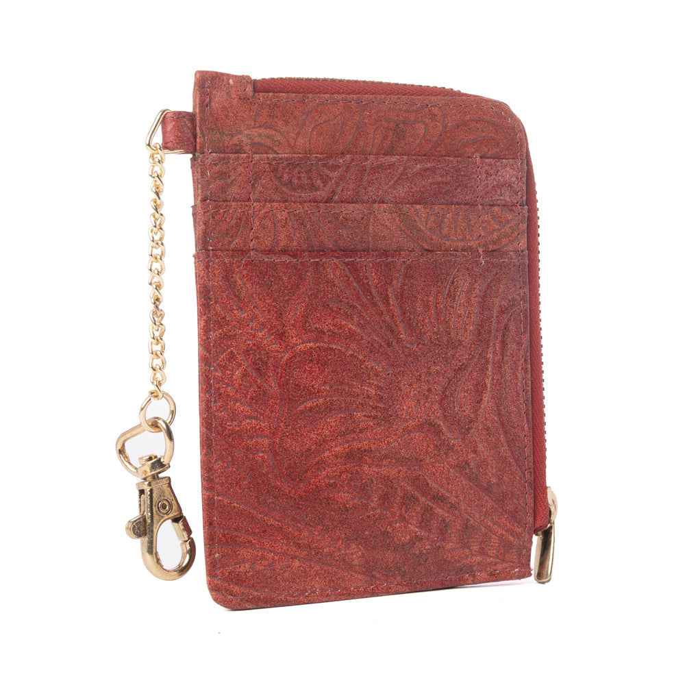 Myra Summer Grove Embossed Leather Credit Card Holder in Burnt Crimson