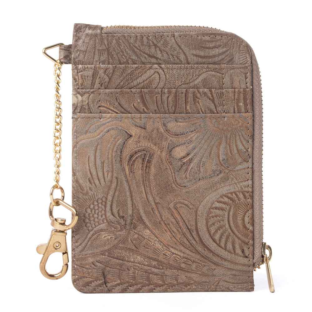 Myra Summer Grove Embossed Leather Credit Card Holder in Desert Taupe
