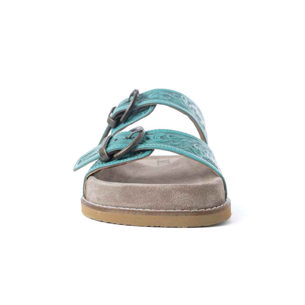 Myra Bluebell Ranch Handtooled Leather Sandals in Alpine Teal