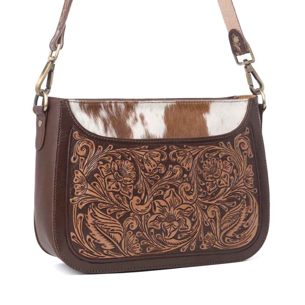 Myra Copper Crest Handtooled Hairon Leather Clutch in Saddle Walnut