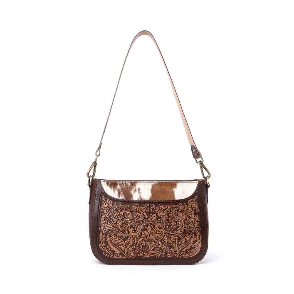 Myra Copper Crest Handtooled Hairon Leather Clutch in Saddle Walnut