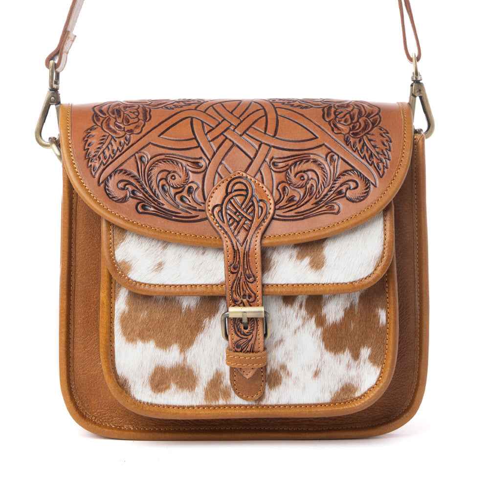 Myra Cedar Range Handtooled Hairon Buckle Leather Bag in Chestnut Ivory