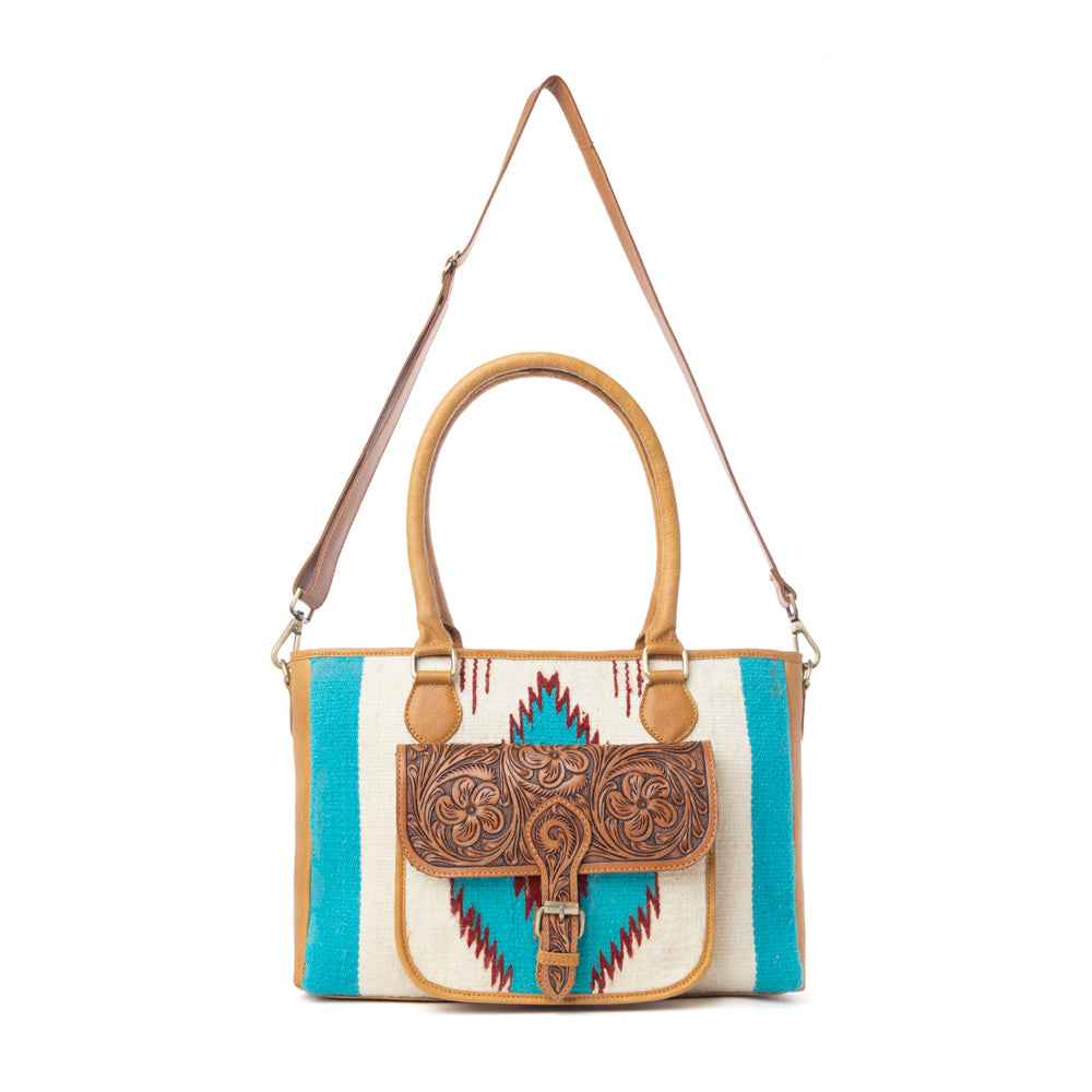 Myra Prairie Aztec Hairon Leather Bag with Front Pocket in Canyon Teal