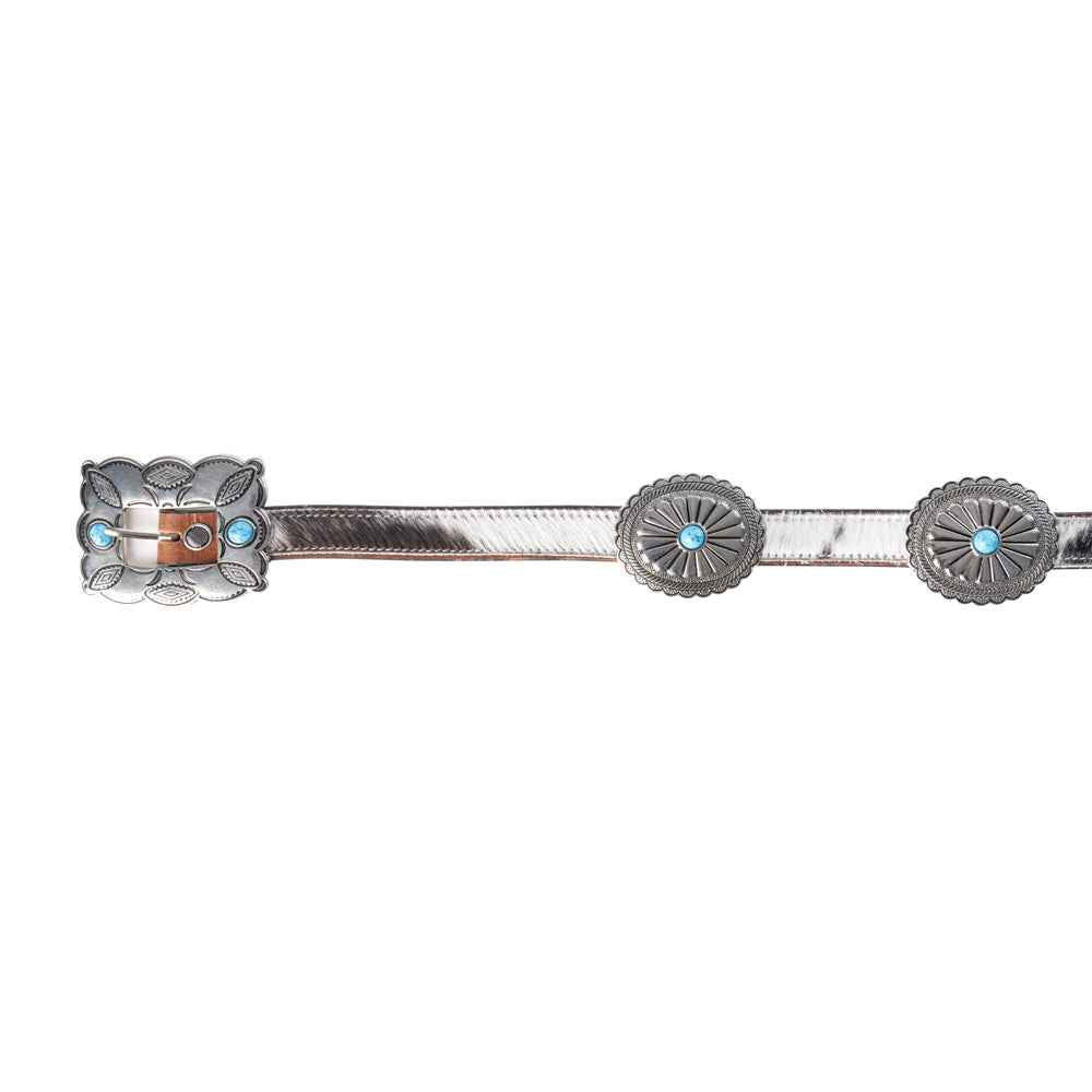 Myra Floracrest Hairon Concho Belt for Women with Handtooling and Turquoise Stone Buckle