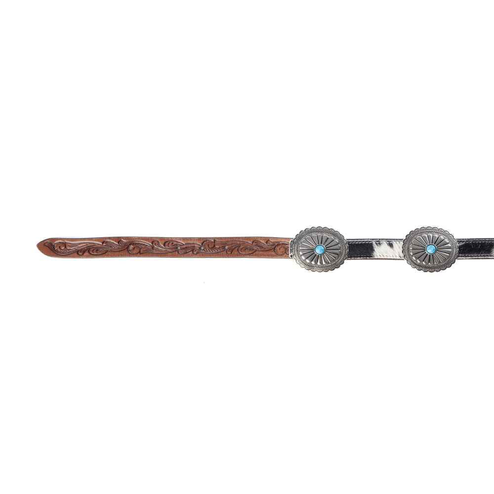 Myra Floracrest Hairon Concho Belt for Women with Handtooling and Turquoise Stone Buckle