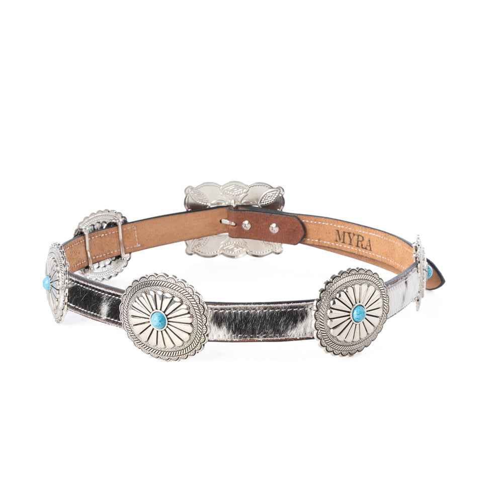 Myra Floracrest Hairon Concho Belt for Women with Handtooling and Turquoise Stone Buckle