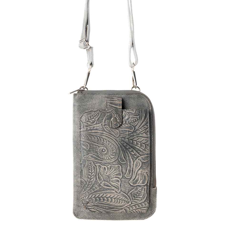 Myra Coyote Bloom Embossed mini sling for Women in sage with floral detail