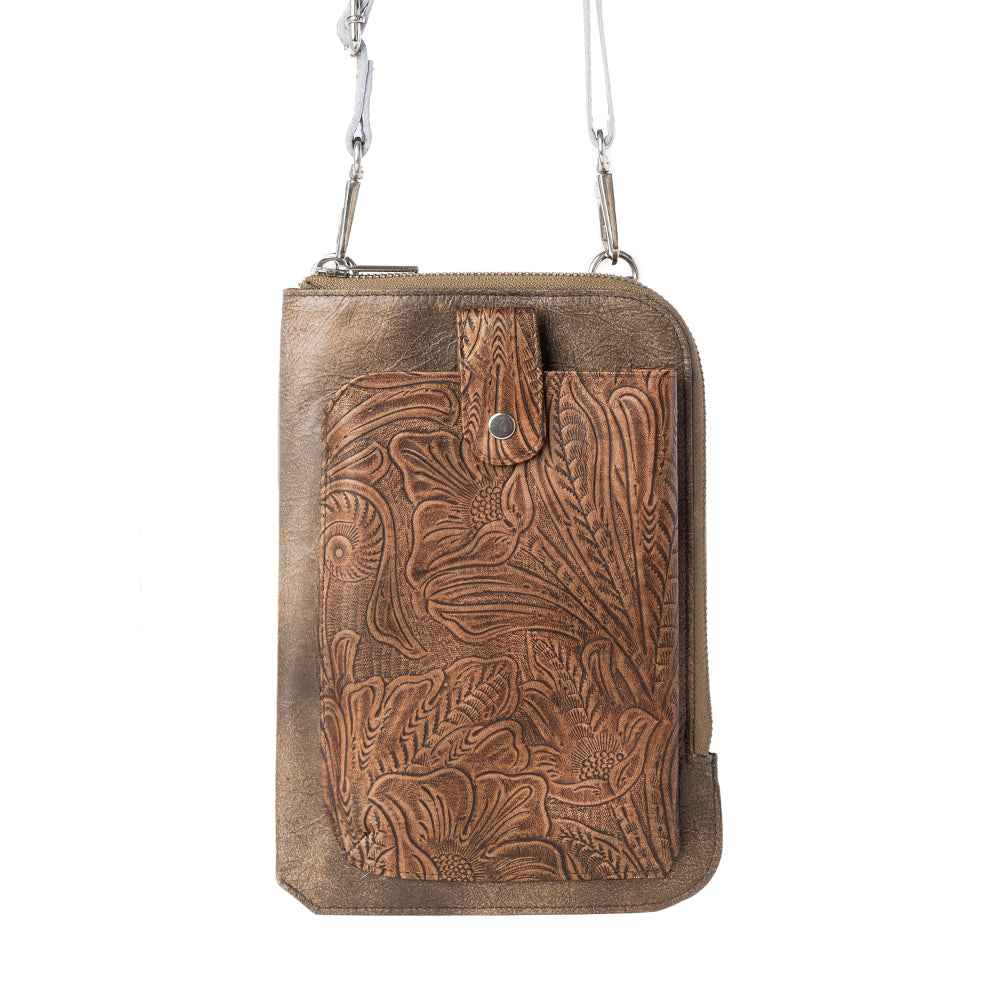 Myra Coyote Bloom Embossed mini sling for Women in walnut with floral detail