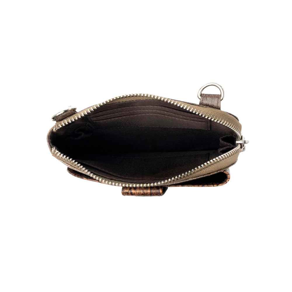 Myra Coyote Bloom Embossed mini sling for Women in walnut with floral detail