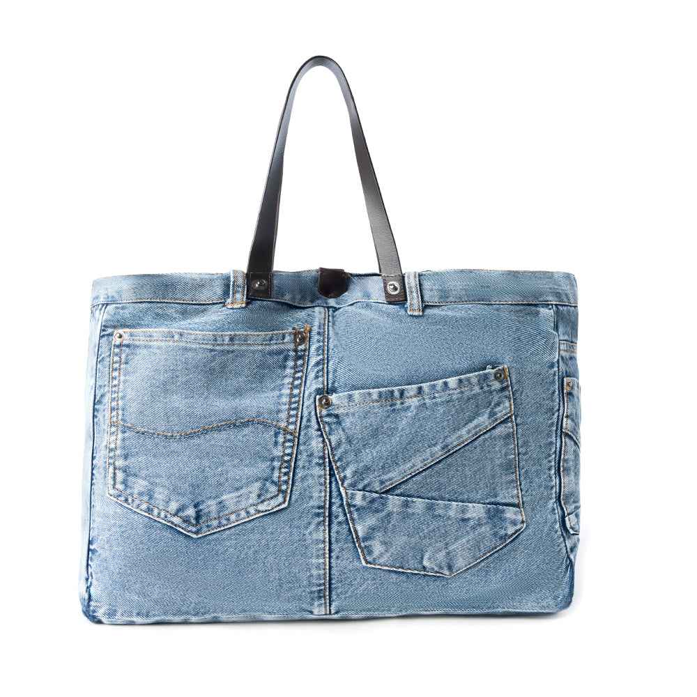 Myra Billyjean Western denim Tote Bag for Women in denim blue with leather detail