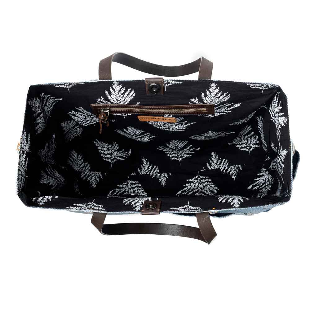 Myra Billyjean Western denim Tote Bag for Women in denim blue with leather detail