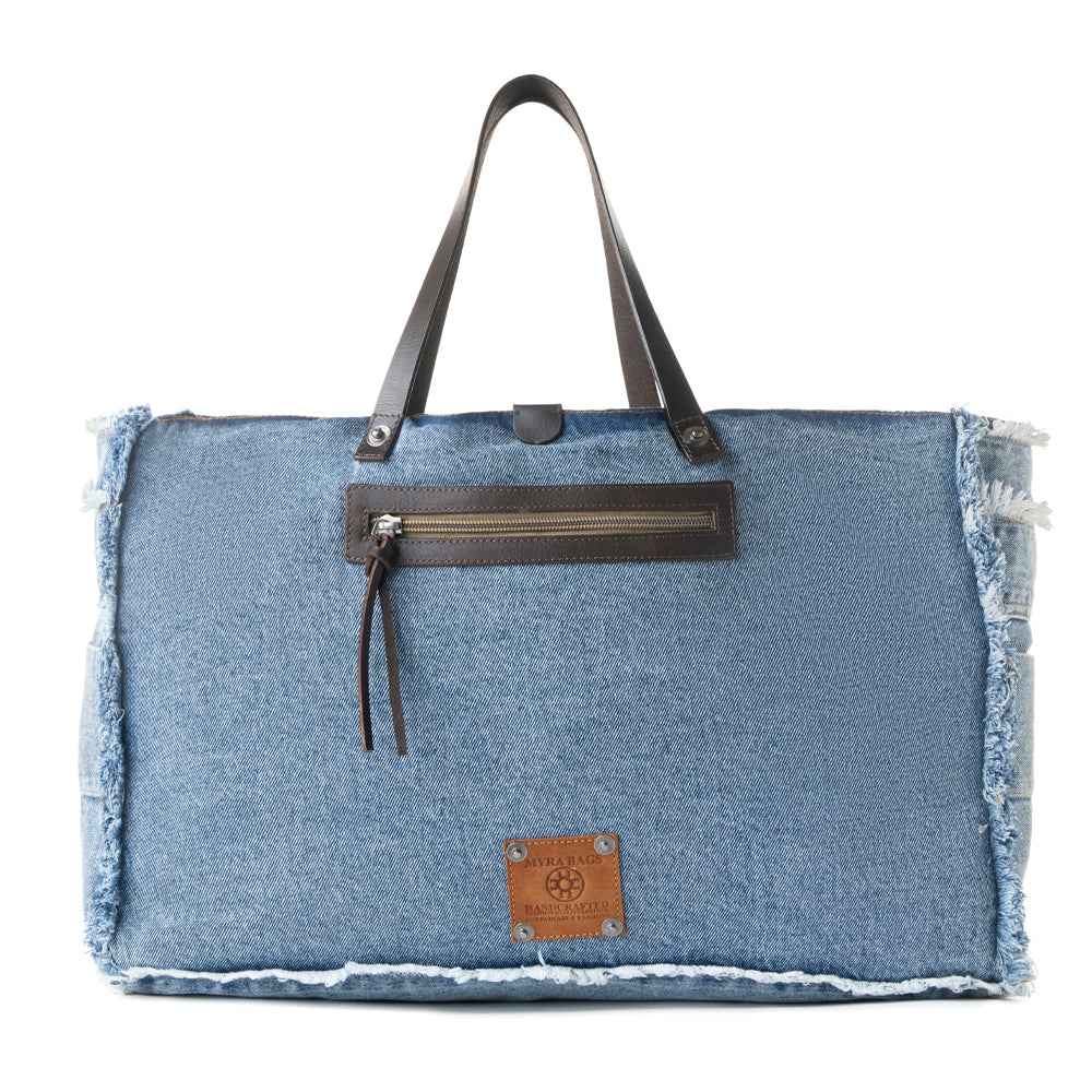 Myra Frayed Frontier Western denim Tote Bag for Women in denim blue with fringe detail