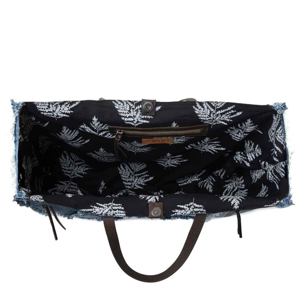 Myra Frayed Frontier Western denim Tote Bag for Women in denim blue with fringe detail