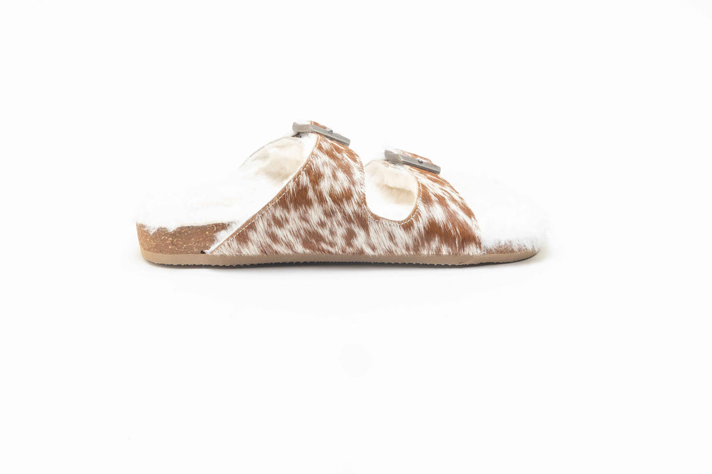 Prairie Winds Fur Comfort Hairon Leather Sandals In Brown & White