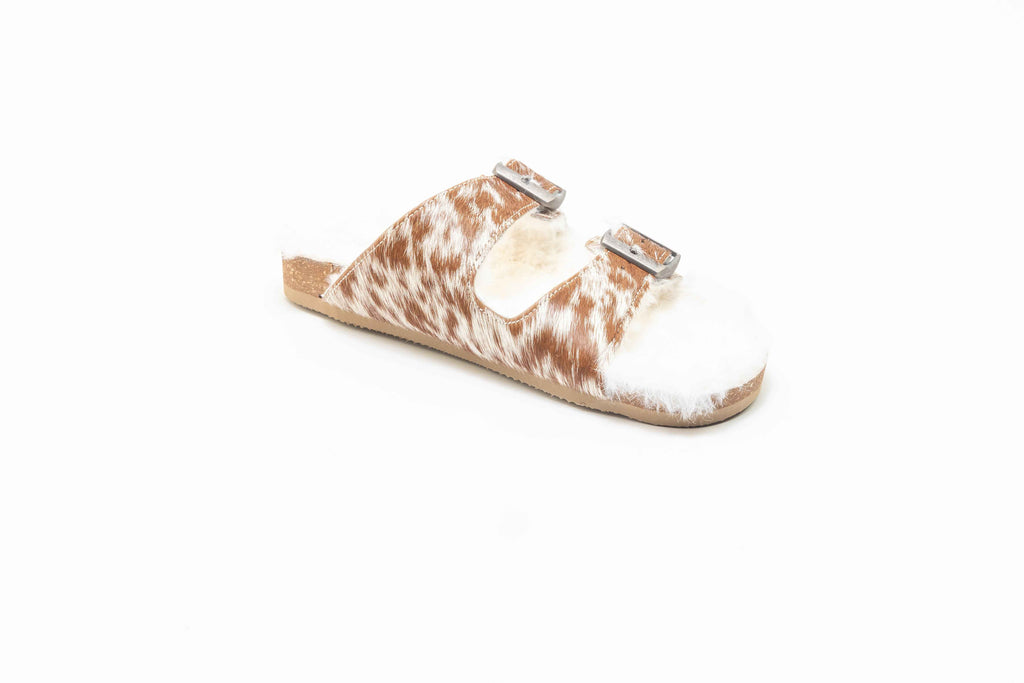 Prairie Winds Fur Comfort Hairon Leather Sandals In Brown & White