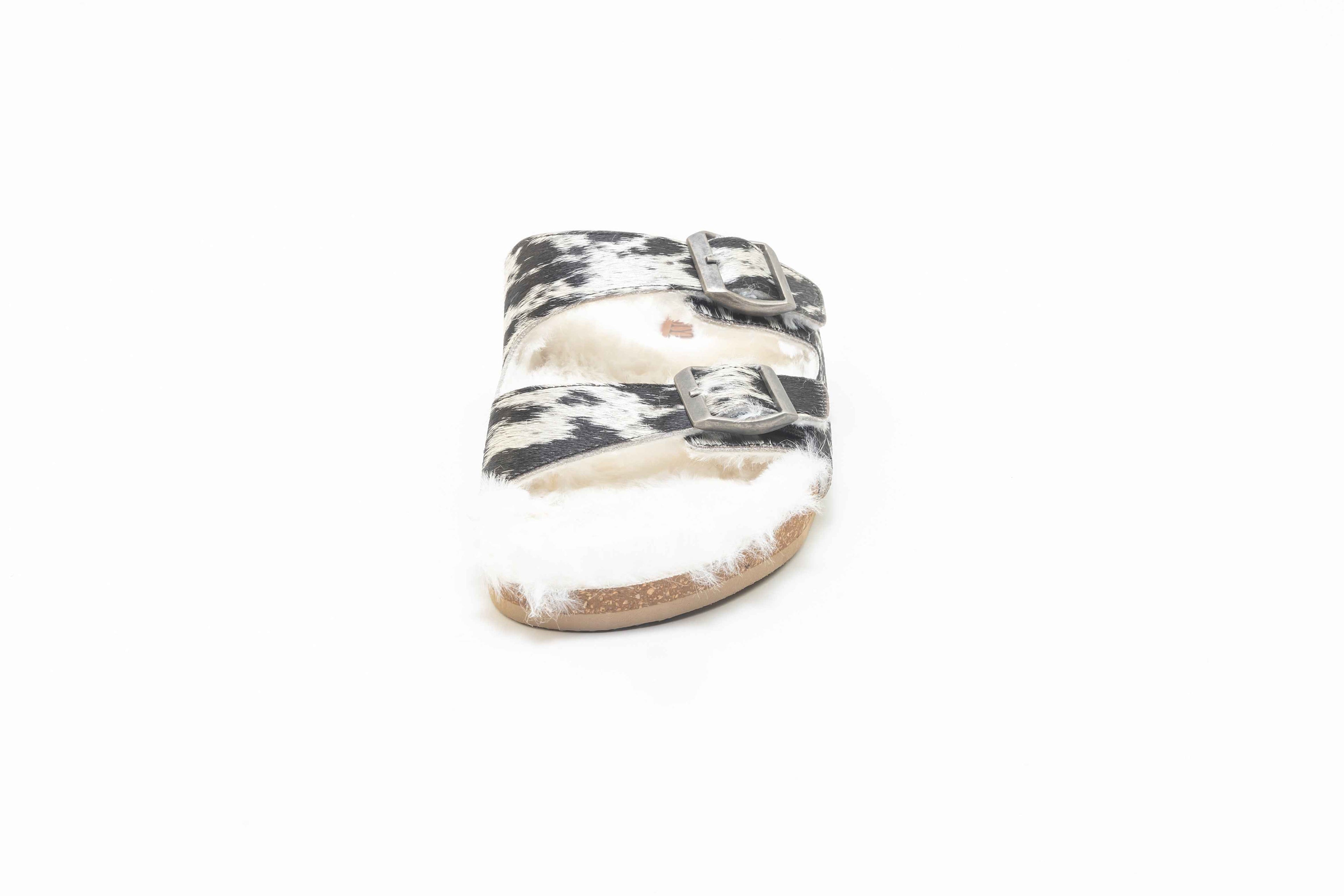 Prairie Winds Fur Comfort Hairon Leather Sandals In Black & White