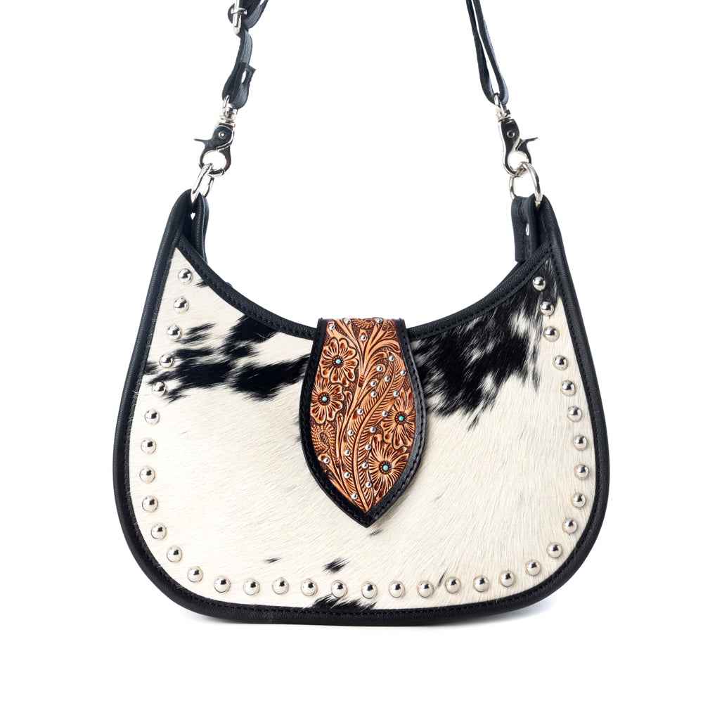 Myra Santa Fe Handtooled Bag for Women in Black with hairon and studded detail