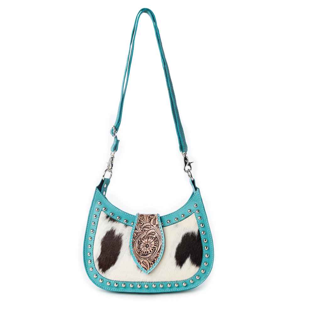 Myra Santa Fe Handtooled Bag for Women in Turquoise with hairon and studded detail