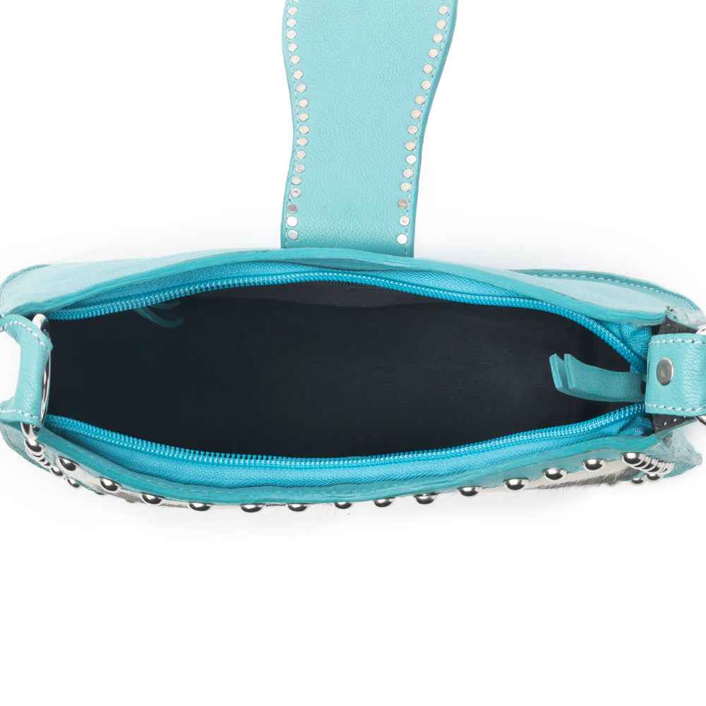 Myra Santa Fe Handtooled Bag for Women in Turquoise with hairon and studded detail