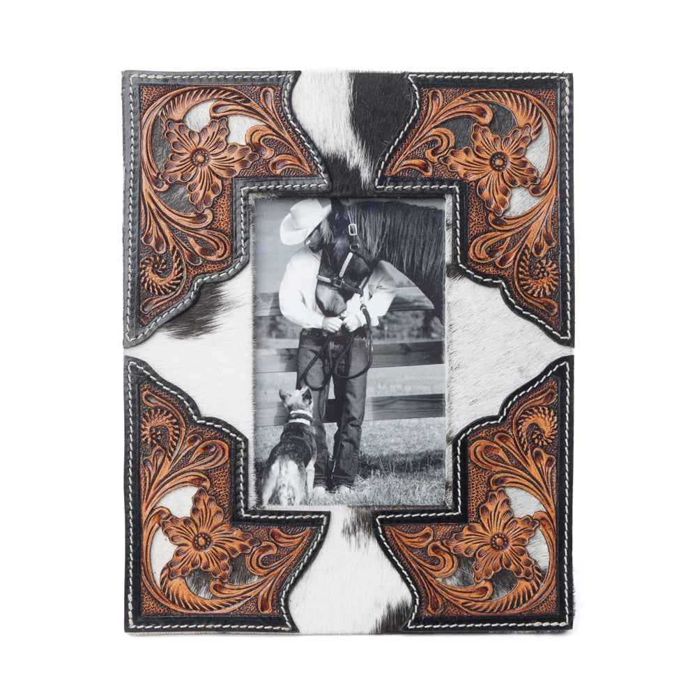 Myra Cornerstone Handtooled Leather Photo Frame in brown with hairon detail, western home décor
