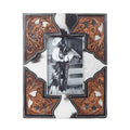 Myra Cornerstone Handtooled Leather Photo Frame in brown with hairon detail, western home décor