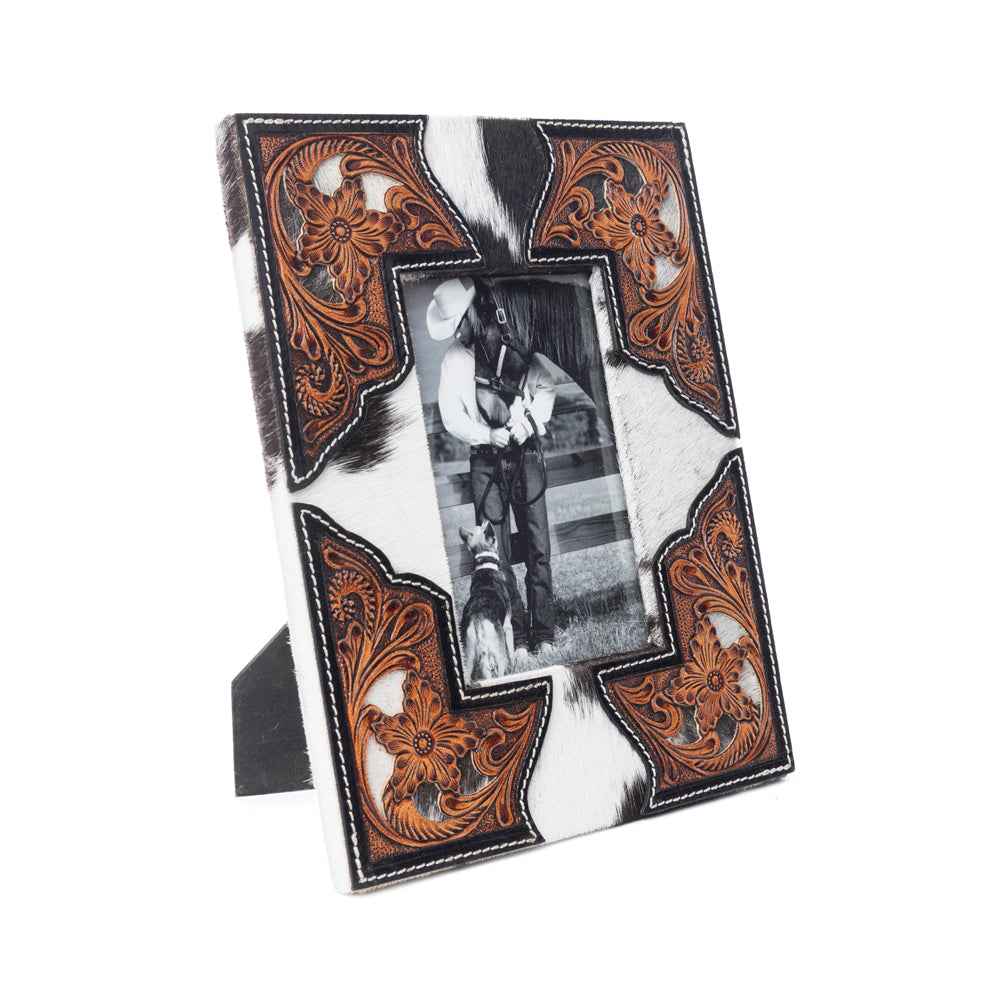 Myra Cornerstone Handtooled Leather Photo Frame in brown with hairon detail, western home décor