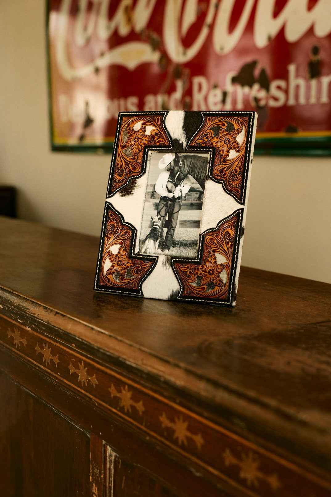 Myra Cornerstone Handtooled Leather Photo Frame in brown with hairon detail, western home décor