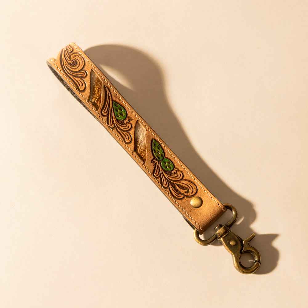 Myra Wildvine Pony Western Handtooled Key Fob in tan with cactus detail