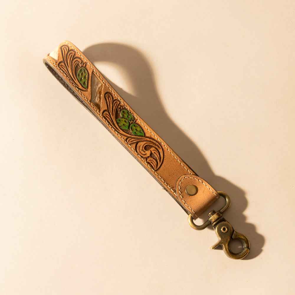 Myra Wildvine Pony Western Handtooled Key Fob in tan with cactus detail