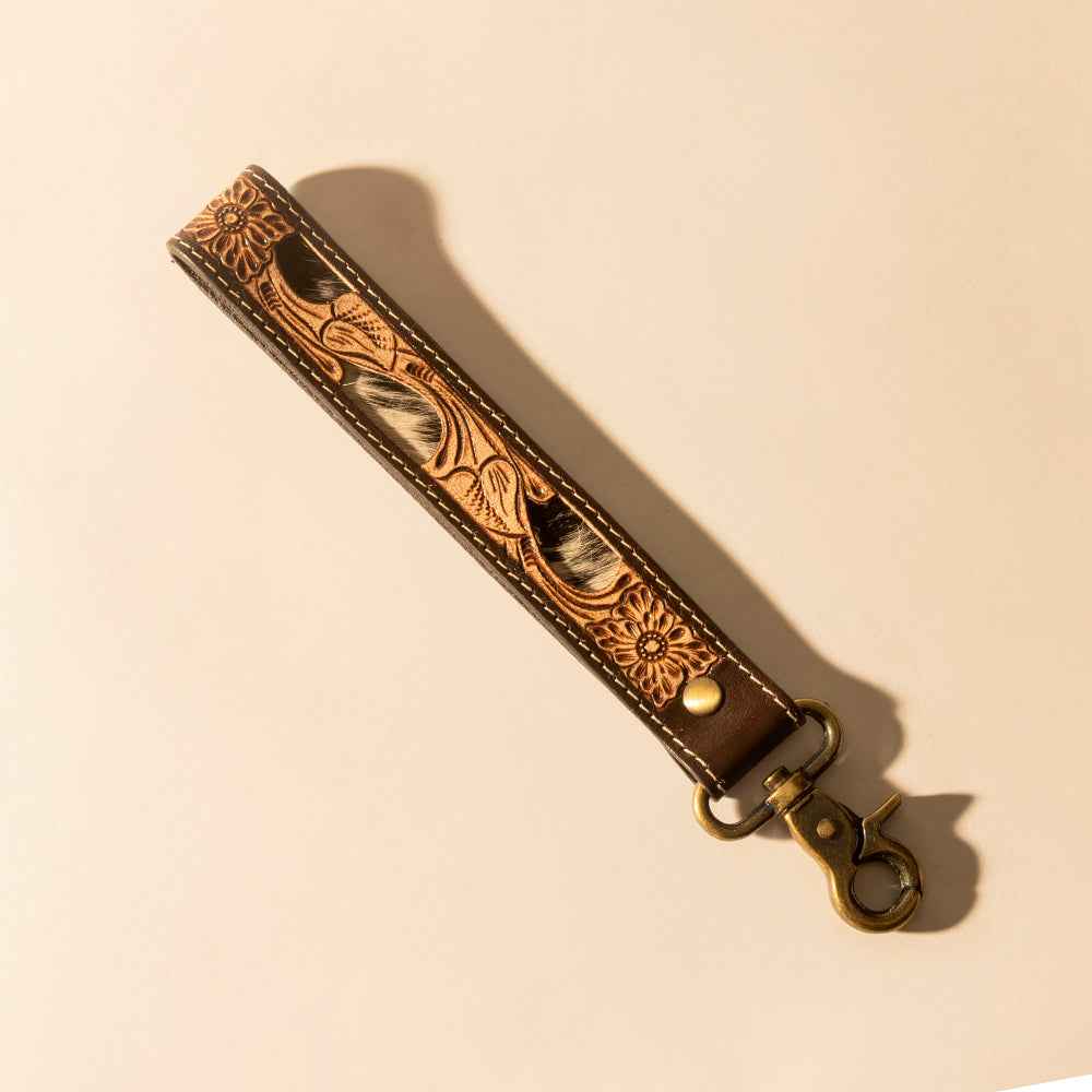 Myra Wildvine Pony Western Handtooled Key Fob in dark brown with hairon detail