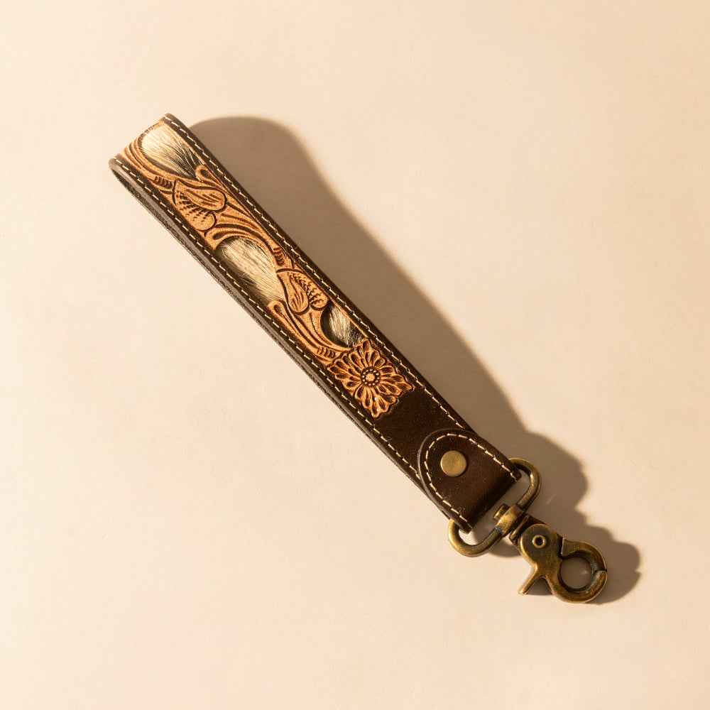 Myra Wildvine Pony Western Handtooled Key Fob in dark brown with hairon detail