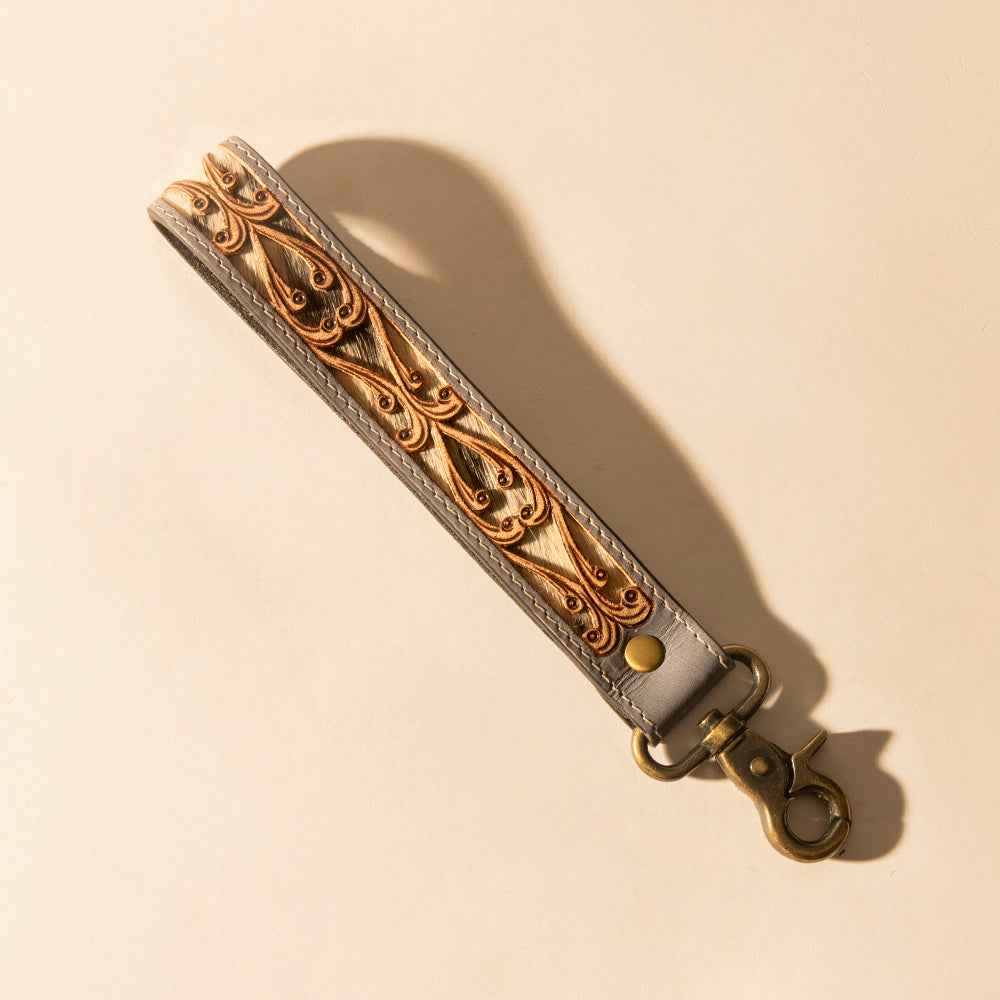 Myra Wildvine Pony Western Handtooled Key Fob in dusk blue with hairon detail