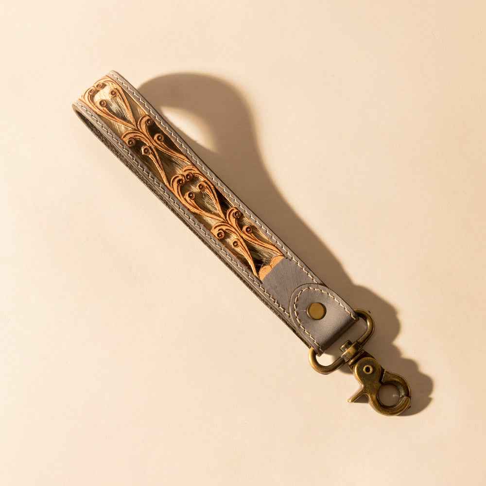 Myra Wildvine Pony Western Handtooled Key Fob in dusk blue with hairon detail