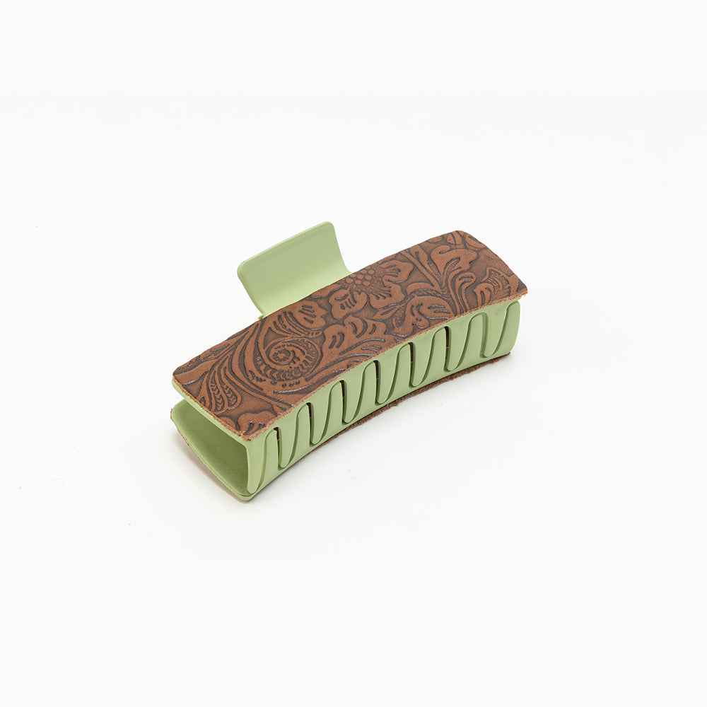 Myra Pinebrook Embossed Leather Hair Clip in Cedar Green