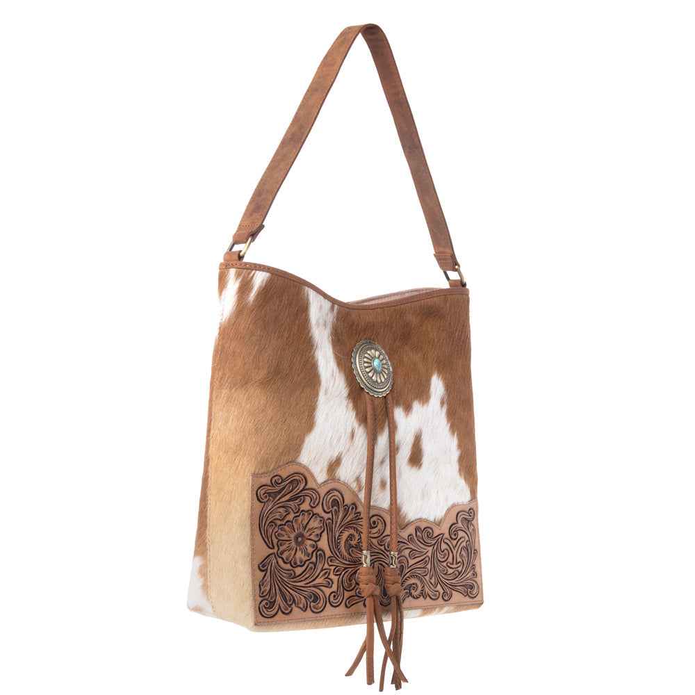 Myra Yellowstone Tawny Ridge Handtooled Hairon Concealed Carry Bag in Ivory Mocha